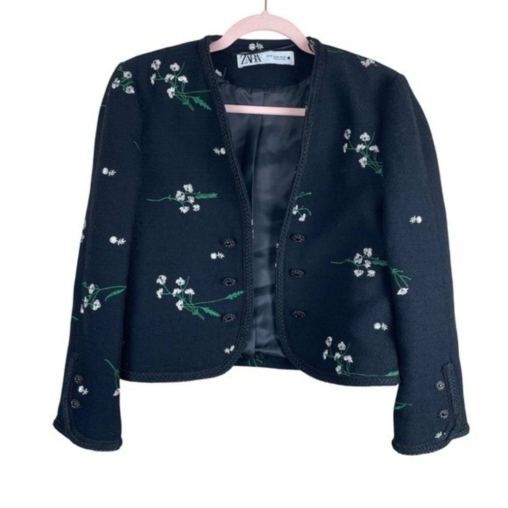 ZARA Black Embroidered Floral Blazer Jacket Button Embellished XS Career